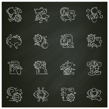 Creative process chalk icons set. Sketch collection for design and development process stages, from idea to final product. Isolated vector illustrations on chalkboard for project management