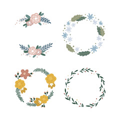 Floral wreath set. Vector floral frames and wreaths. Botanical collection with floral round frames
