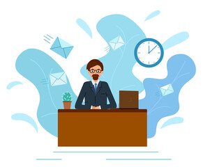 businessman in a suit working on a laptop computer. Concept deadline, man sitting at the office table. vector illustration in modern flat style on white background.