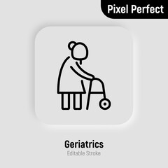 Elderly woman with walkers. Nursing home. Thin line icon. Pixel perfect, editable stroke. Vector illustration.