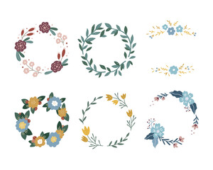 Vector wreaths with flowers, leaves, plants, Floral wreath set. Vector floral frame template