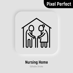 Nursing home thin line icon. Elderly people in house. Geriatric medicine. Pixel perfect, editable stroke. Vector illustration.