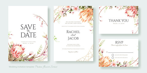 Wedding Invitation, save the date, thank you, rsvp card Design template. Vector. Protea flower and Cherry blossom.