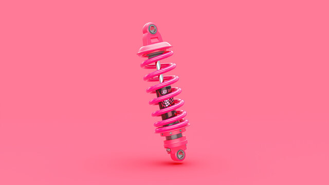 Pink shock absorber on pink background. Clipping path and copy space for your text. Beautiful car accessories and minimal idea concept. 3d Render.