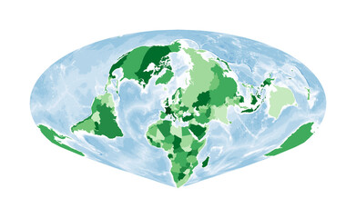 World Map. Allen K. Philbrick's Sinu-Mollweide projection. World in green colors with blue ocean. Vector illustration.