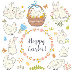 Easter set with rabbits and chickens. Vector graphics.