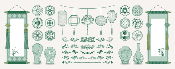 Set of hand drawn oriental elements. Asian hanging scrolls and lanterns. Ceramic vases, Traditional patterns, Oriental decorations. Vector illustrations.