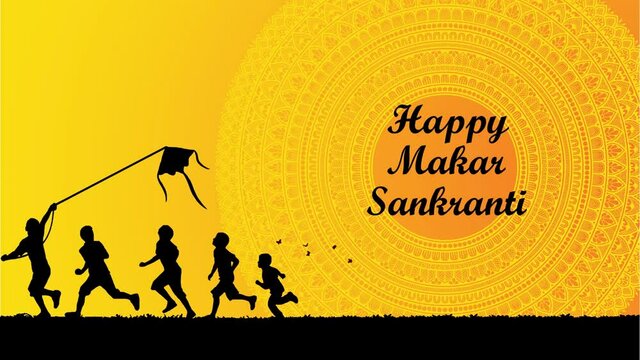 happy makar sankranti with children flying kite in yellowish silhouette mandala in background for advertisement
