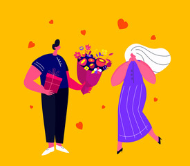 Happy Smiling Young Man Presenting a Bouquet of Flowers and Gift Box for Girlfriend for St Valentine's Day or Birthday. Loving Romantic Couple Celebrate Valentine Day Holiday .Flat Vector Illustration
