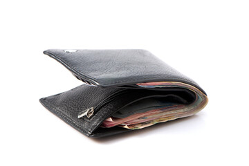 Leather wallet with cash money bills, banknotes isolated on white background