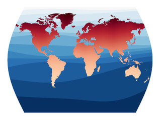 World Map Vector. John Muir's Times projection. World in red orange gradient on deep blue ocean waves. Astonishing vector illustration.