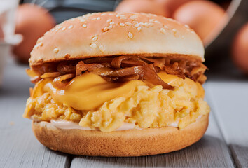 Close-up on a delicious burger with caramelized onion, melted cheese and eggslut