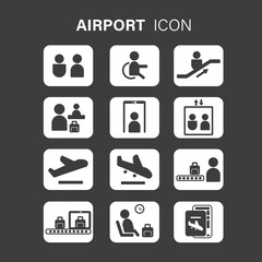 Set of Airport Related Vector Icons in White Square Buttons. Contains such Icons as Baggage Claim, Departure, Passenger and more.