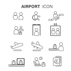 Set of Airport Related Vector Black Line Icons on White Background. Contains such Icons as Baggage Claim, Departure, Passenger and more.