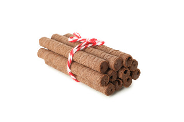 Bunch of chocolate wafer rolls isolated on white background