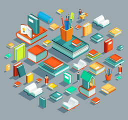 Education Isometric flat design. The concept of learning and reading books in the library and in the classroom. University studies. Illustration