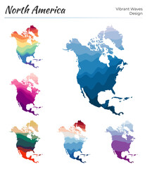 Obraz premium Set of vector maps of North America. Vibrant waves design. Bright map of continent in geometric smooth curves style. Multicolored North America map for your design. Astonishing vector illustration.