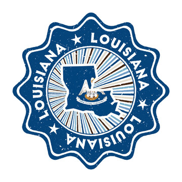 Louisiana round grunge stamp with us state map and state flag. Vintage badge with circular text and stars, vector illustration.