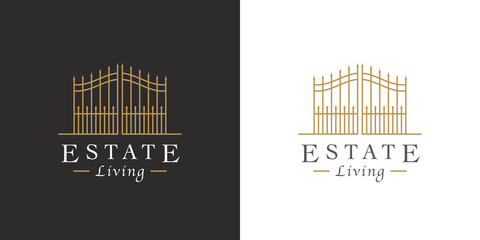 Vintage steel gate line icon. Upmarket lifestyle security estate symbol. Luxury real estate logo. Classic wrought iron property entrance sign. Vector illustration.