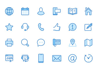 Contact us line icon set. Feedback, customer service, phone, email address, web site minimal vector illustration. Simple outline sign business card, landing page. Blue color, Editable Stroke