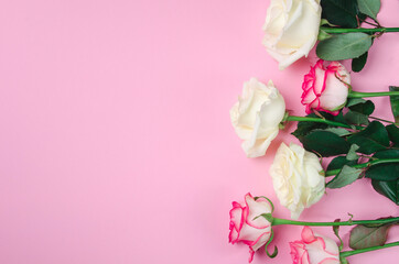 Romantic floral background. Valentines day background on pink table.