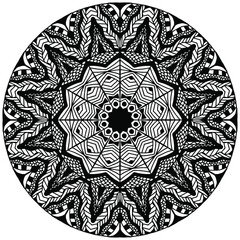 mandala with flowers and abstract ornaments in fok style drawn for coloring on a white background, vector