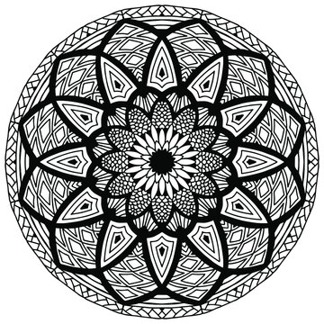 mandala with flowers and linear ornaments in fok style drawn for coloring on a white background, vector
