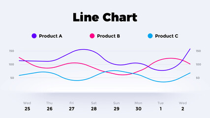Neumorphic Line Chart. Vector Infographic graph. 3 options. Presentation diagram template. Neumorphism statistical report.