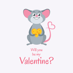 Will you be my Valentine greeting card with cute rat vector. Rat with a heart-shaped tail icon vector. Valentine mouse with cheese heart cartoon character. Important day