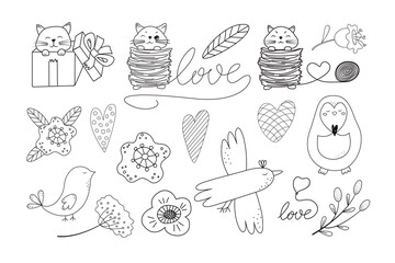 Set of vector illustrations for valentine's day. Stylized birds, flowers, kittens in a gift. Love symbol. Hand drawn in doodle style. Design for greeting card, poster, t-shirt print