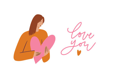 The girl holds red heart shape in her hands. Postcard on a romantic theme. Happy Valentine s Day . Cute young female cartoon flat concept isolated on white background.