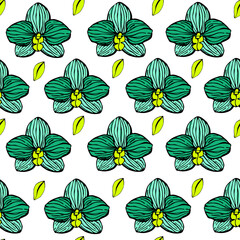 seamless pattern with yellow leaves and green flowers
