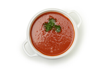 Bowl of tomato soup isolated on white background