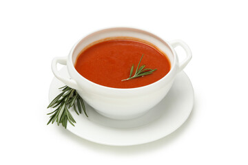 Bowl of tomato soup isolated on white background