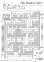 Coloring page with maze. Find the right path for racing car. Kids labyrinth game. Children activity page for book. Worksheet with funny riddle. Vector illustration.