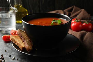 Concept of tasty food with tomato soup, close up