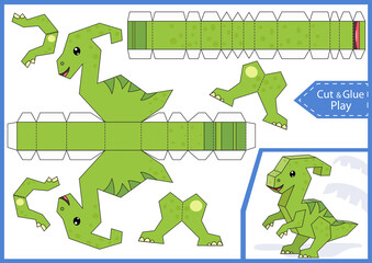Cut and glue the paper 3d dinosaur. Kids crafts activity page. Worksheet with education riddle. Children art game. Create toys. Birthday party decoration. Vector illustration.