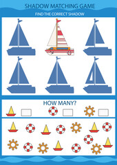 Shadow matching game. Find the correct shadow sailboat. Funny children riddle. Activity page. Kids mathematic count game. Birthday decor. Vector illustration.