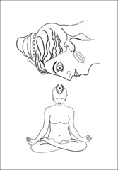 Meditating naked girl and Shiva's face above her