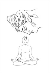 Meditating naked girl and Shiva's face above her
