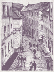 People Walk Down The Street Of The Old Town. Hand Drawn Urban Background In Engraving Style. 