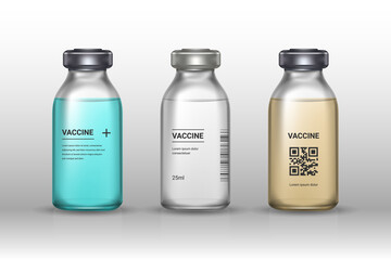 Set of medical vaccine bottles on gray backround. Mockup vaccine - transparent glass. Protection coronavirus and infection. Realistic 3d vector illustration.