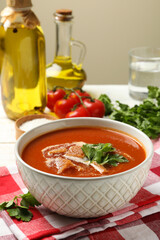 Concept of tasty food with tomato soup, close up