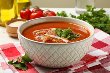 Concept of tasty food with tomato soup, close up