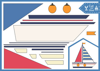 Cut and glue the boat. Paper puzzle applique. Childrens craft page with sea ship. Worksheet with education riddle. Kids activity page. Sea birthday decor. Vector illustration.