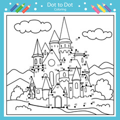 Dot to dots drawing worksheets with castle. Drawing tutorial. Coloring page for kids. Children funny picture riddle. Drawing lesson. Activity art game for book. Vector illustration.