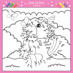 Dot to dot drawing worksheets. Drawing tutorial with cute unicorn. Coloring page for kids. Children funny picture riddle. Drawing lesson. Activity art game for book. Vector illustration.