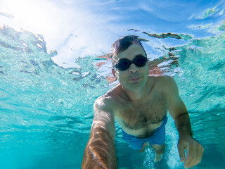 Caucasian man swimming under the water