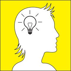 Silhouetted woman head with light bulb inside. Creativity or New ideas concept