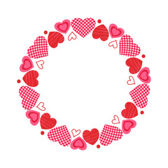 Round frame of red hearts for Valentine's Day, isolated on white background. Vector flat illustration.
